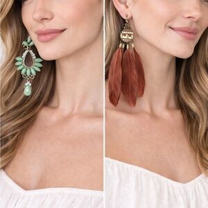 Elegant Feather and Gemstone Earrings Set